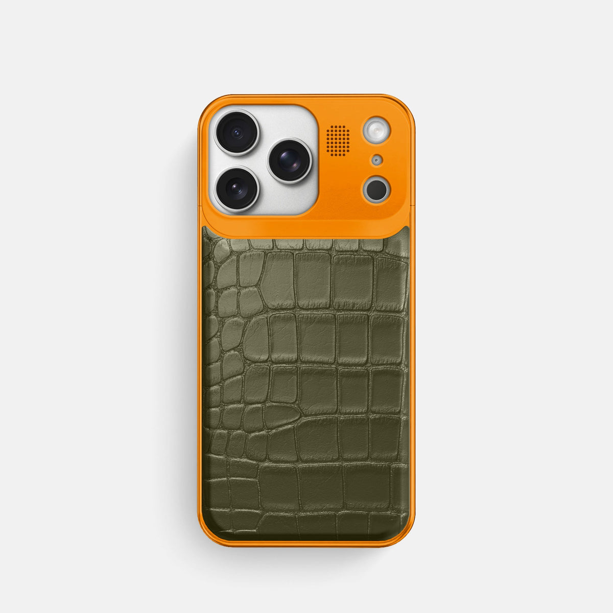 Metal Case For iPhone 18 Pro In Alligator -1 | Kaki-Green-Orange