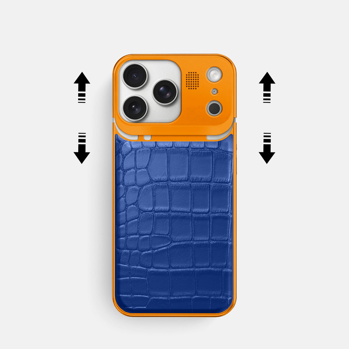 Royal Blue iPhone 17 Pro Metal Case In Alligator with Orange Metal -2 | Royal-Blue-Orange