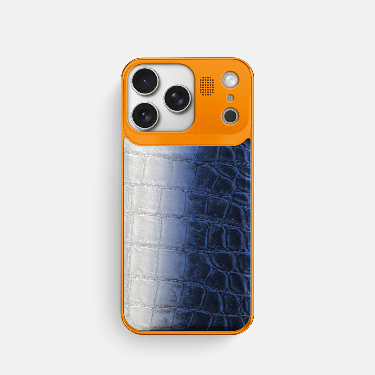 Navy Blue iPhone 17 Pro Metal Case Himalayan Crocodile with Orange Metal -1 | Navy-Blue-Orange