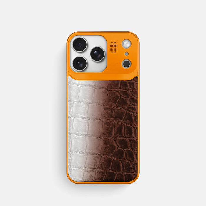 Dark Brown iPhone 17 Pro Metal Case Himalayan Crocodile with Orange Metal -1 | Dark-Brown-Orange