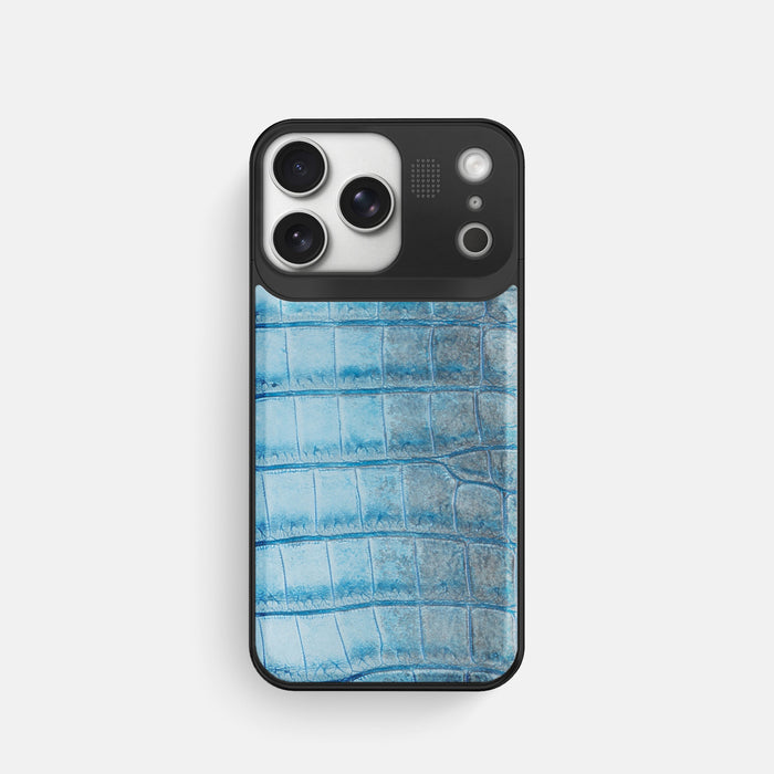 Ice Blue iPhone 17 Pro Metal Case Himalayan Crocodile with Black Metal -1 | Ice-Blue-Black