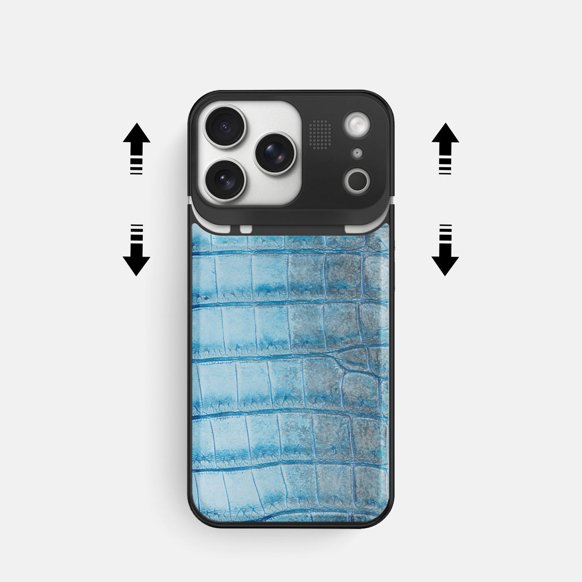 Ice Blue iPhone 17 Pro Metal Case Himalayan Crocodile with Black Metal -2 | Ice-Blue-Black