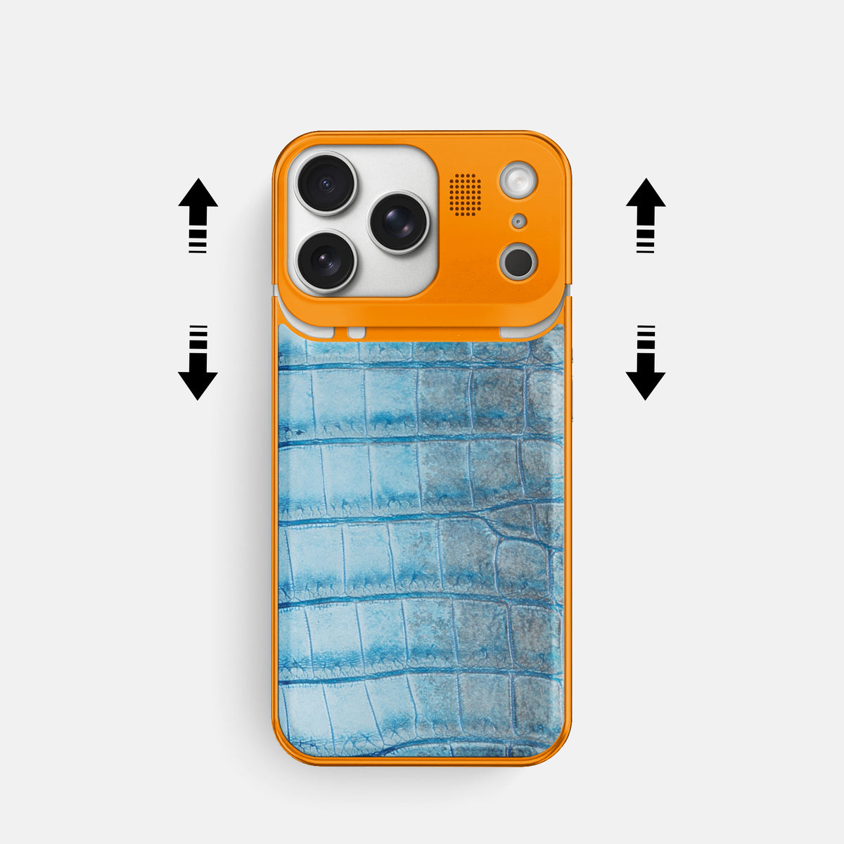 Ice Blue iPhone 17 Pro Metal Case Himalayan Crocodile with Orange Metal -2 | Ice-Blue-Orange