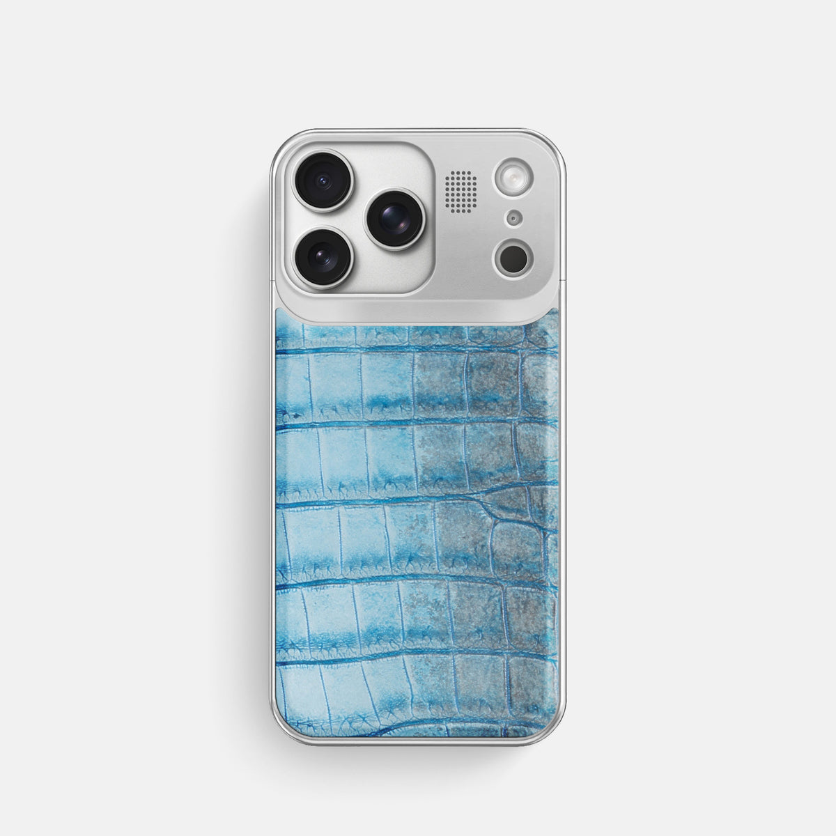Ice Blue iPhone 17 Pro Metal Case Himalayan Crocodile with Steel Metal -1 | Ice-Blue-Steel