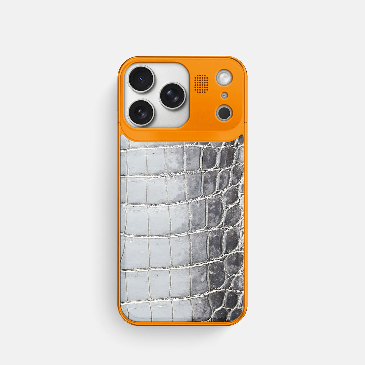 Silver iPhone 17 Pro Metal Case Himalayan Crocodile with Orange Metal -1 | Silver-Orange
