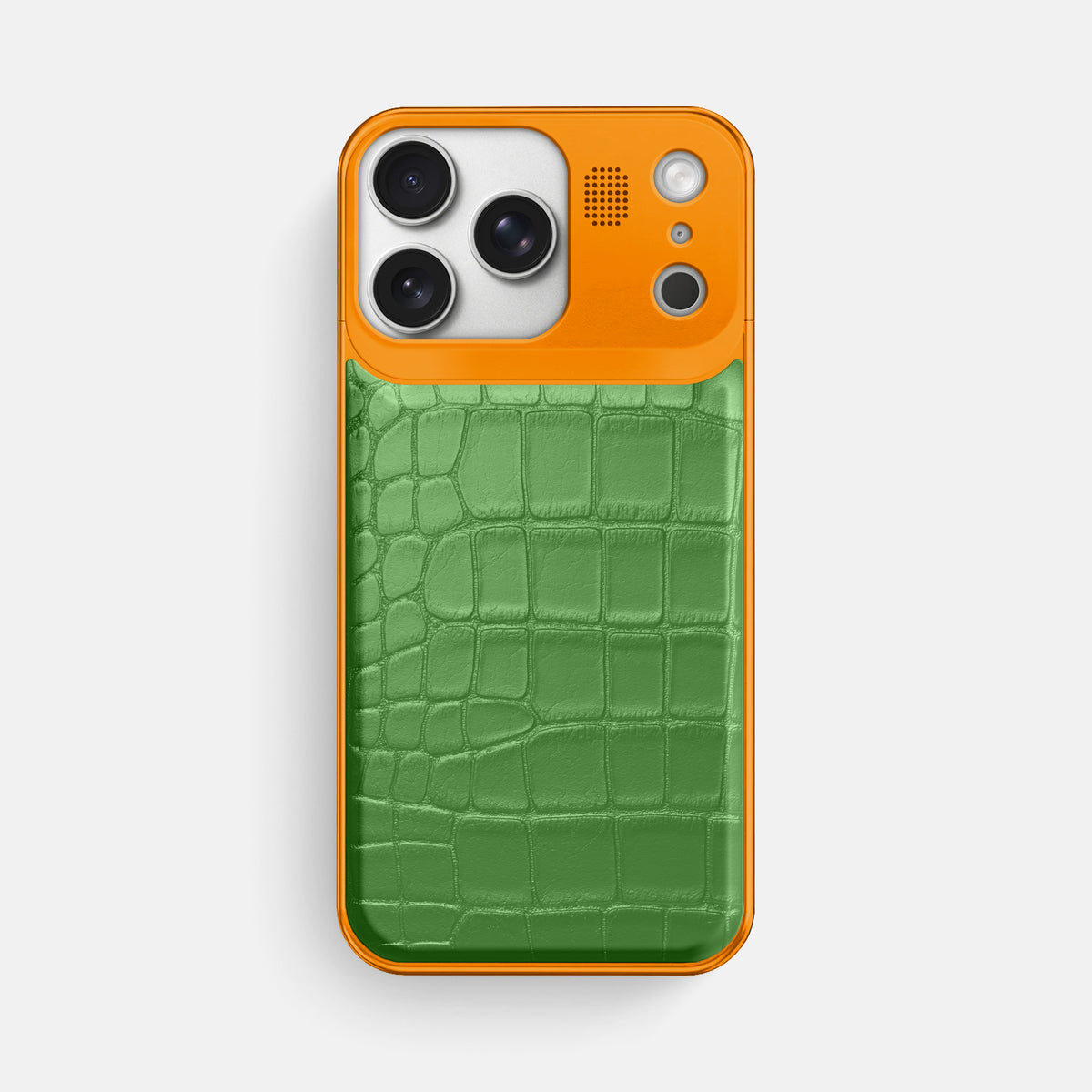 Apple-Green iPhone 17 Pro Max Metal Case In Alligator with Orange Metal -1 | Apple-Green-Orange