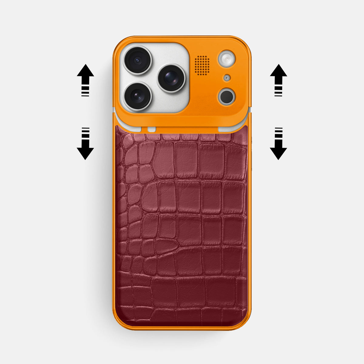 Burgundy iPhone 17 Pro Max Metal Case In Alligator with Orange Metal -2 | Burgundy-Orange
