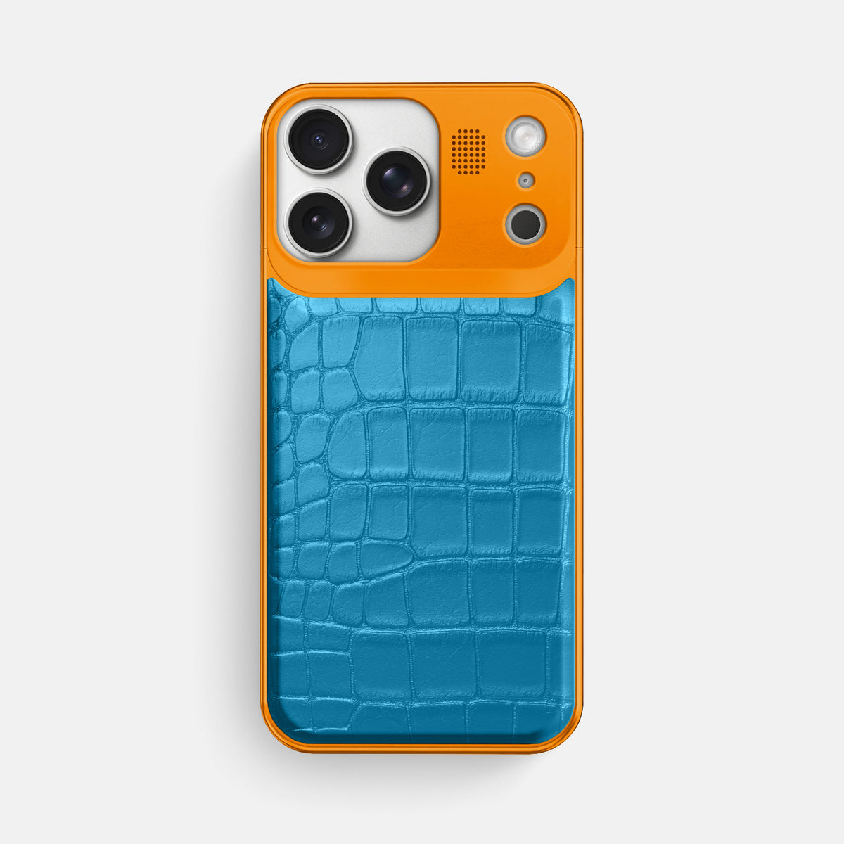 Curaçao-Blue iPhone 17 Pro Max Metal Case In Alligator with Orange Metal -1 | Curaçao-Blue-Orange