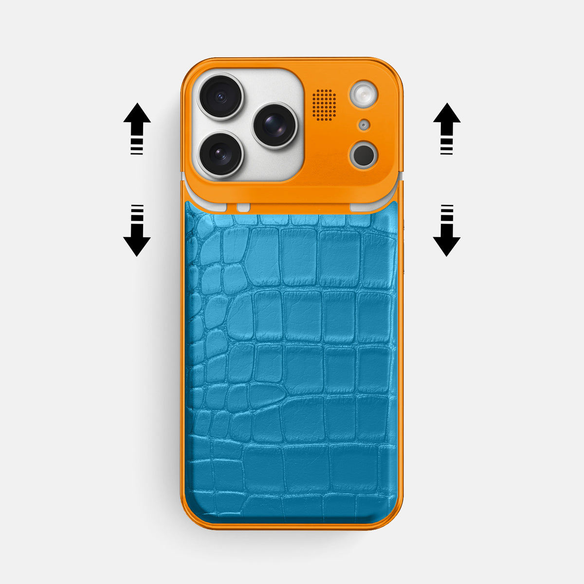 Curaçao-Blue iPhone 17 Pro Max Metal Case In Alligator with Orange Metal -2 | Curaçao-Blue-Orange