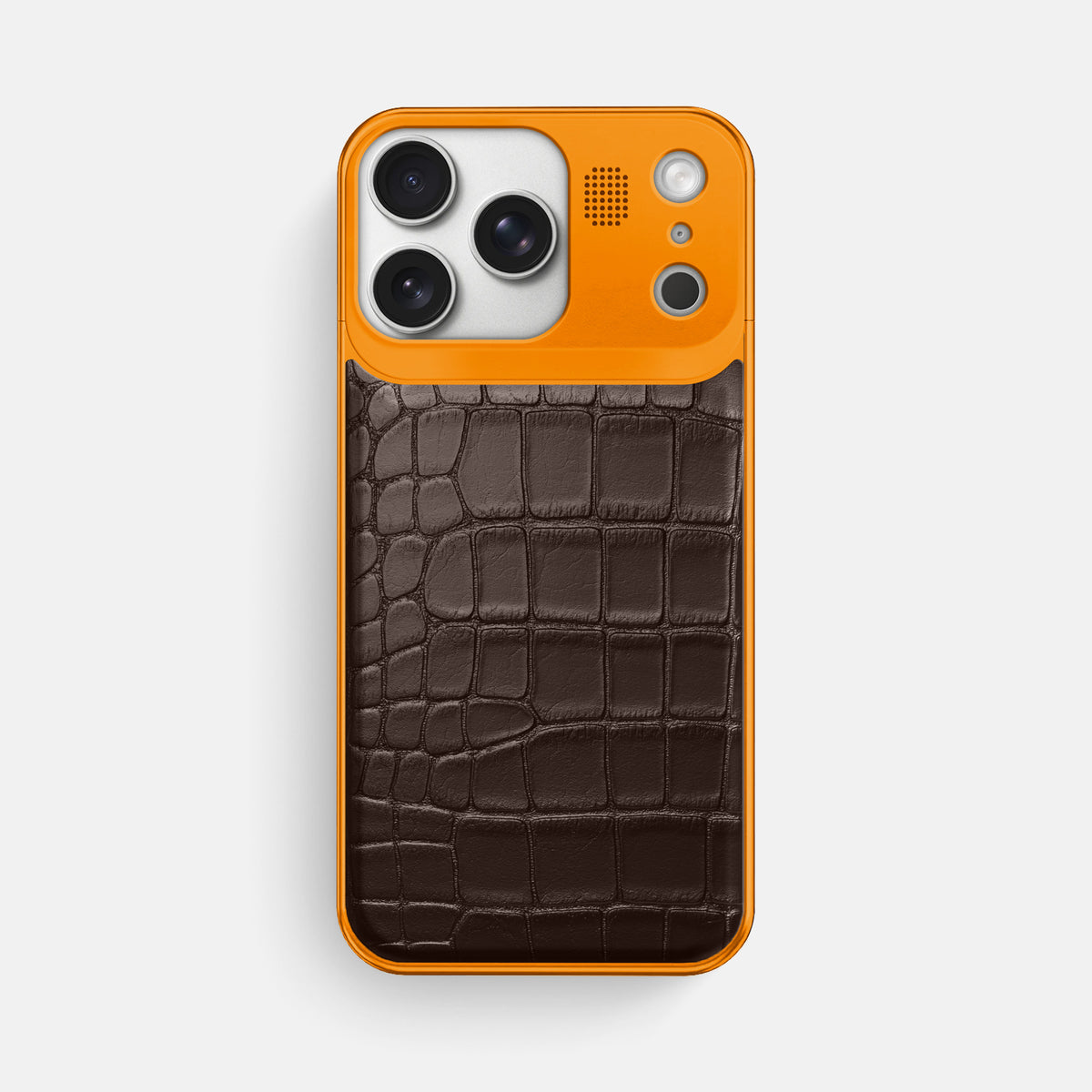 Dark-Brown iPhone 17 Pro Max Metal Case In Alligator with Orange Metal -1 | Dark-Brown-Orange