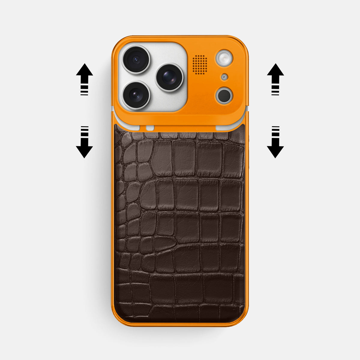 Dark-Brown iPhone 17 Pro Max Metal Case In Alligator with Orange Metal -2 | Dark-Brown-Orange