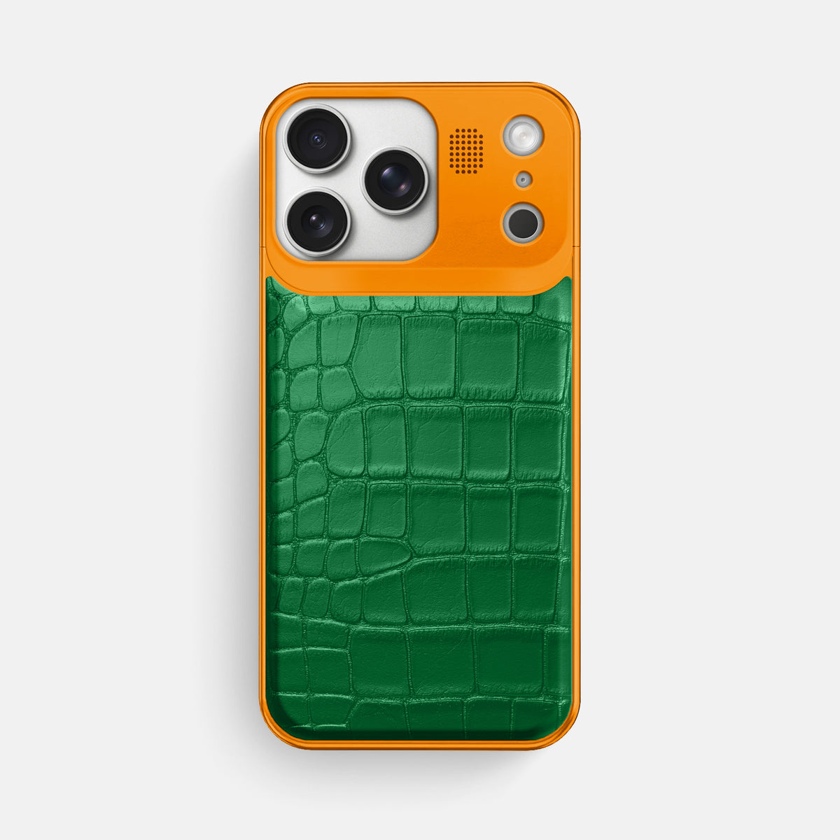 Forest-Green iPhone 17 Pro Max Metal Case In Alligator with Orange Metal -1 | Forest-Green-Orange
