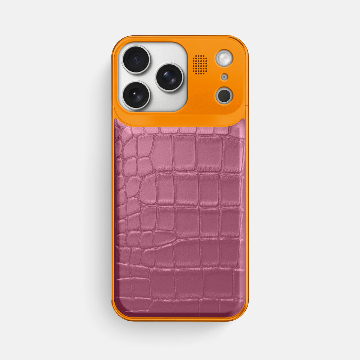 Pink-Lagoon iPhone 17 Pro Max Metal Case In Alligator with Orange Metal -1 | Pink-Lagoon-Orange