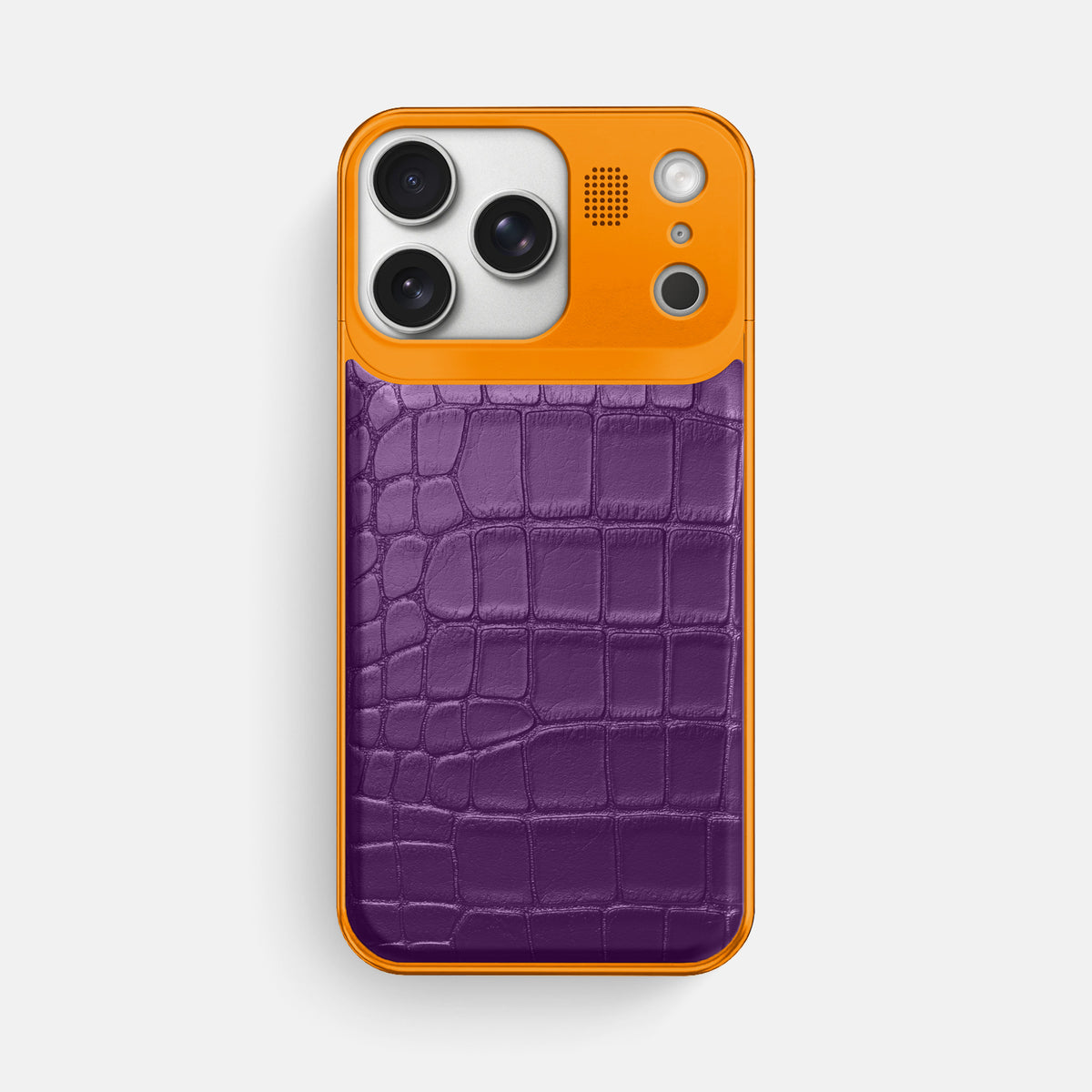 Purple iPhone 17 Pro Max Metal Case In Alligator with Orange Metal -1 | Purple-Orange