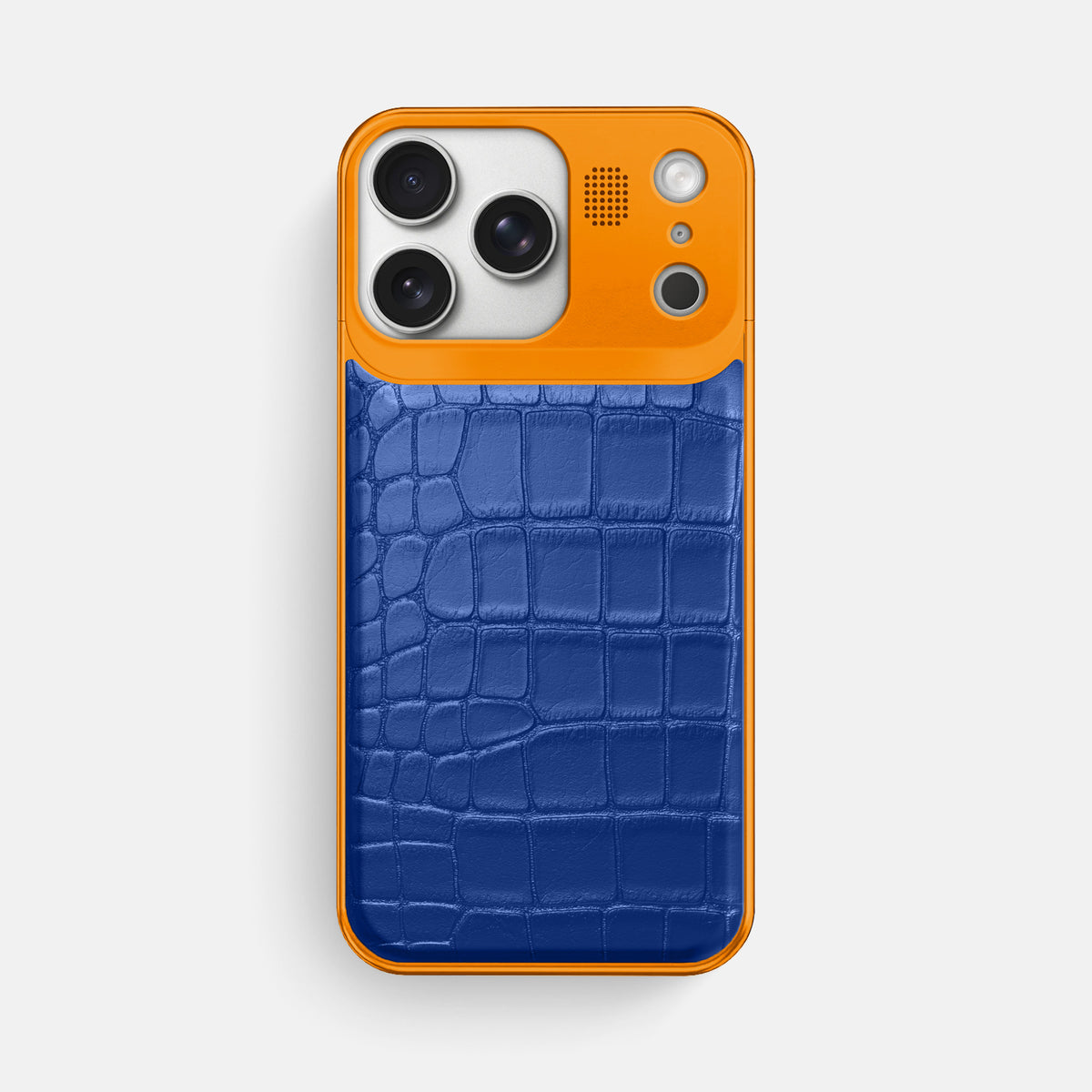 Royal Blue iPhone 17 Pro Max Metal Case In Alligator with Orange Metal -1 | Royal-Blue-Orange