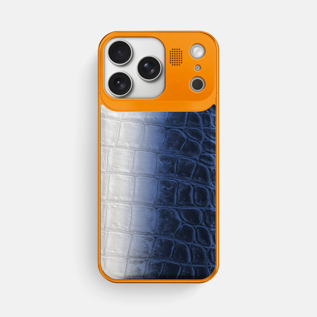 Navy Blue iPhone 17 Pro Max Metal Case Himalayan Crocodile with Orange Metal -1 | Navy-Blue-Orange