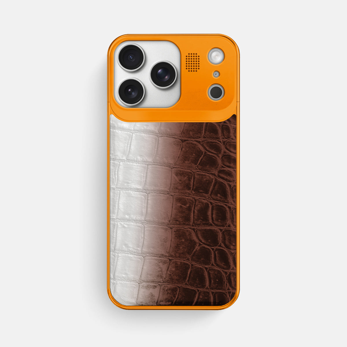 Dark Brown iPhone 17 Pro Max Metal Case Himalayan Crocodile with Orange Metal -1 | Dark-Brown-Orange