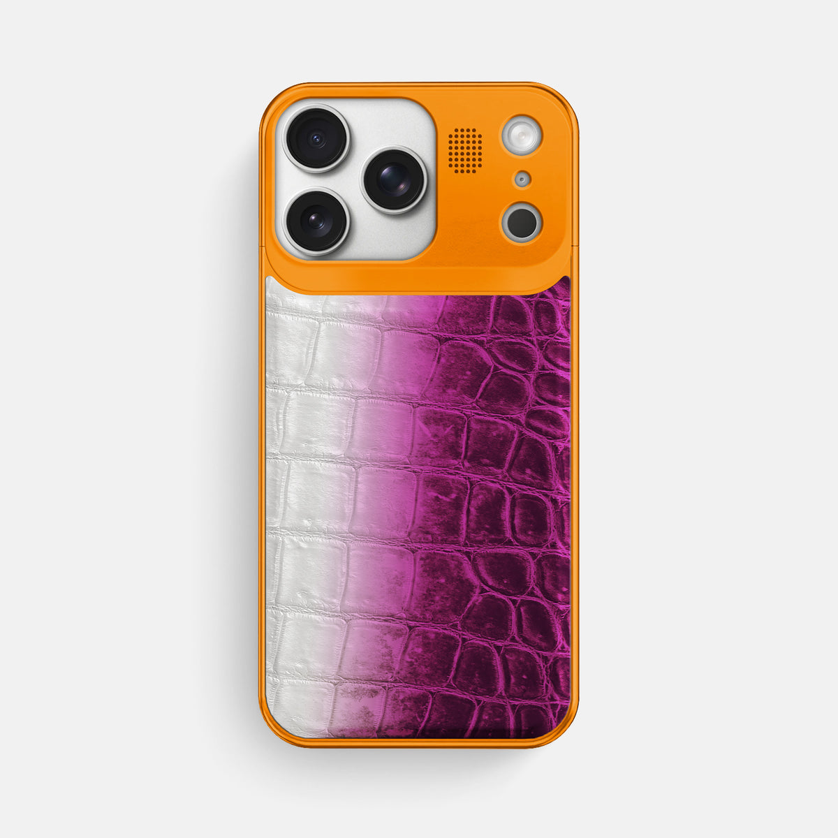 Fuchsia iPhone 17 Pro Max Metal Case Himalayan Crocodile with Orange Metal -1 | Fuchsia-Orange