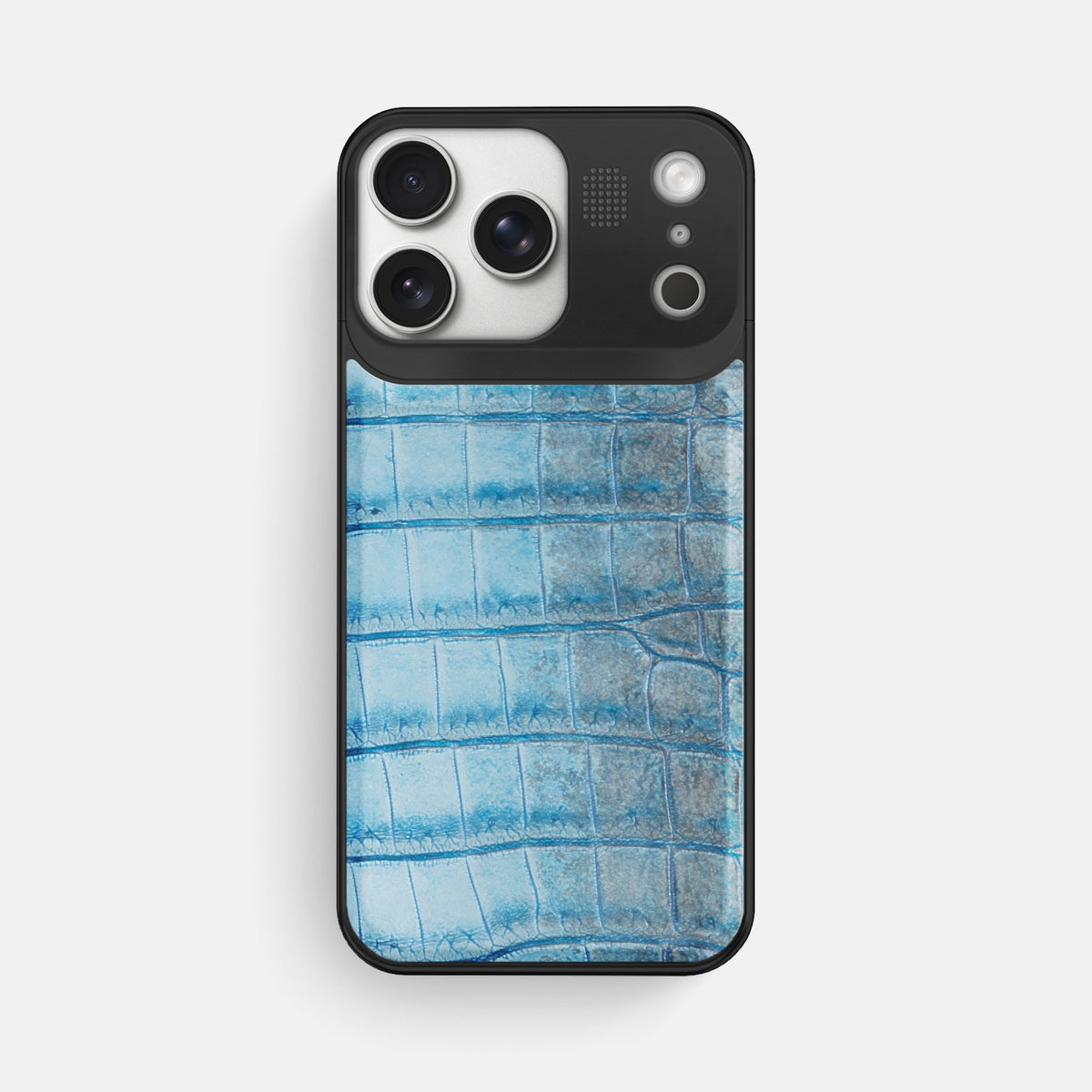 Ice Blue iPhone 17 Pro Max Metal Case Himalayan Crocodile with Black Metal -1 | Ice-Blue-Black
