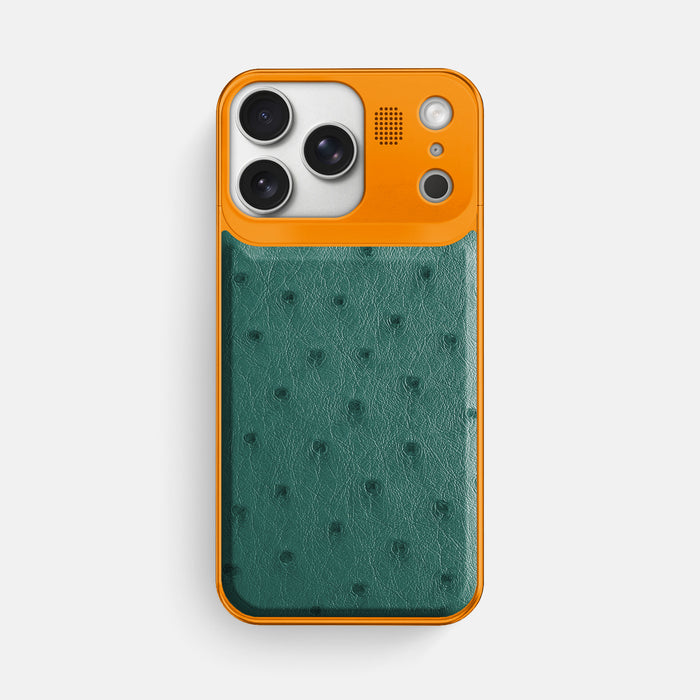 Forest-Green iPhone 17 Pro Max Metal Case Ostrich with Orange Metal -1 | Forest-Green-Orange