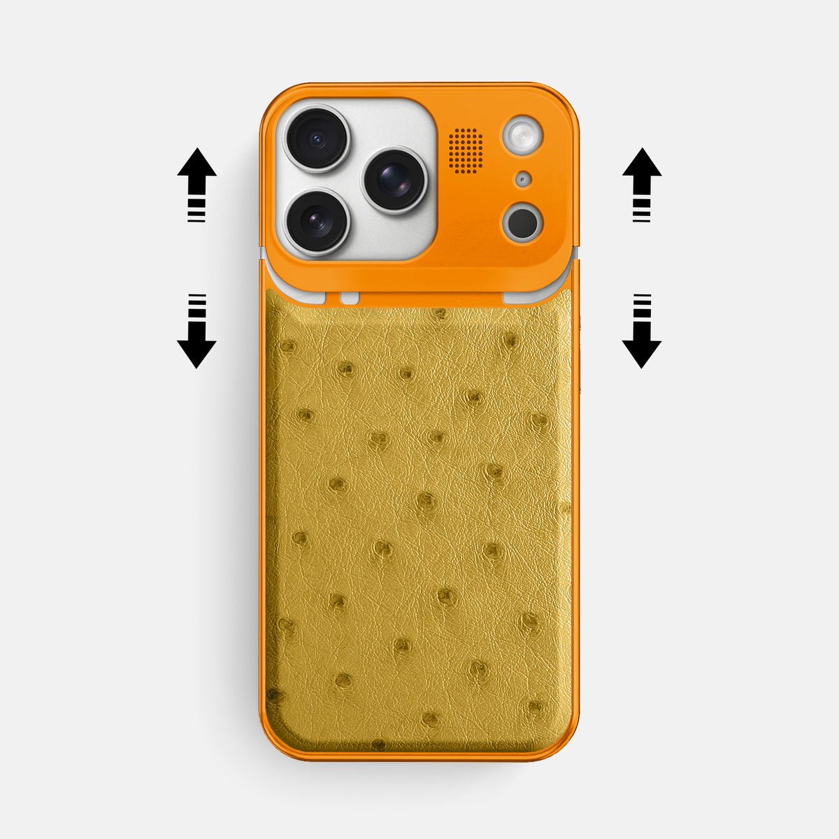 Gold iPhone 17 Pro Max Metal Case Ostrich with Orange Metal -2 | Gold-Orange