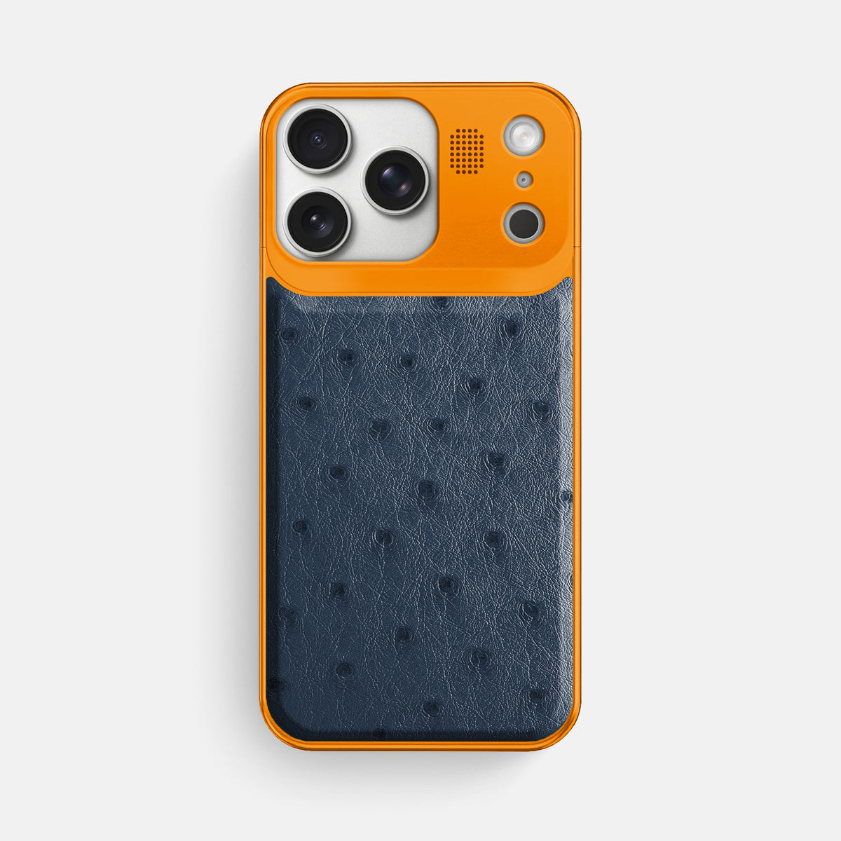 Navy-Blue iPhone 17 Pro Max Metal Case Ostrich with Orange Metal -1 | Navy-Blue-Orange