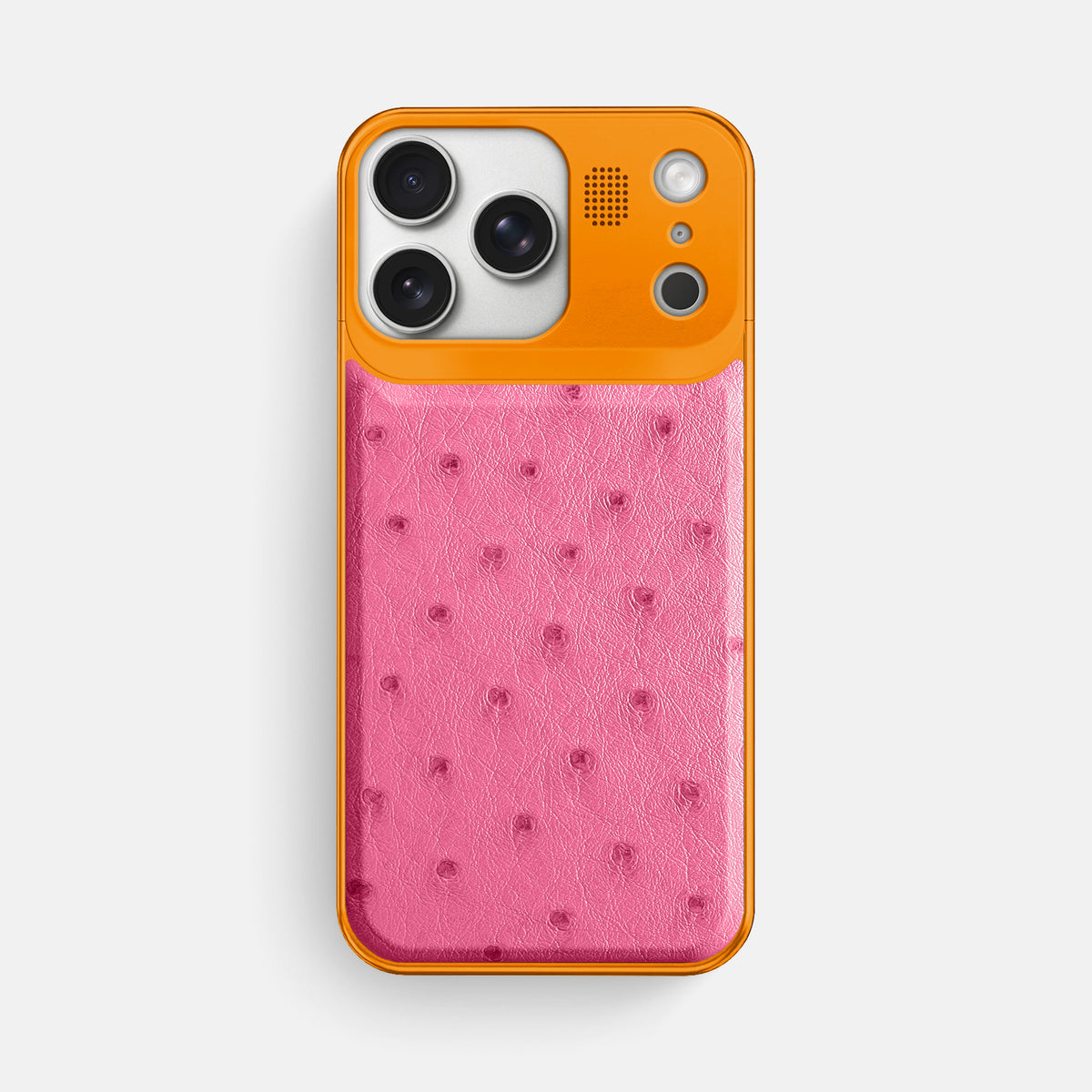 Pink iPhone 17 Pro Max Metal Case Ostrich with Orange Metal -1 | Pink-Orange