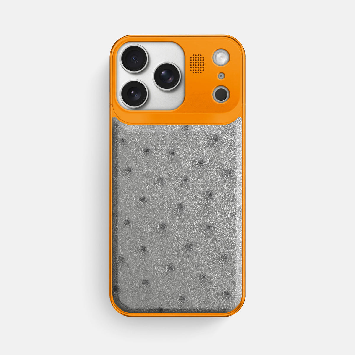 Silver iPhone 17 Pro Max Metal Case Ostrich with Orange Metal -1 | Silver-Orange