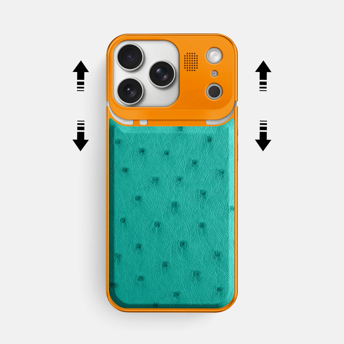 Turquoise iPhone 17 Pro Max Metal Case Ostrich with Orange Metal -2 | Turquoise-Orange