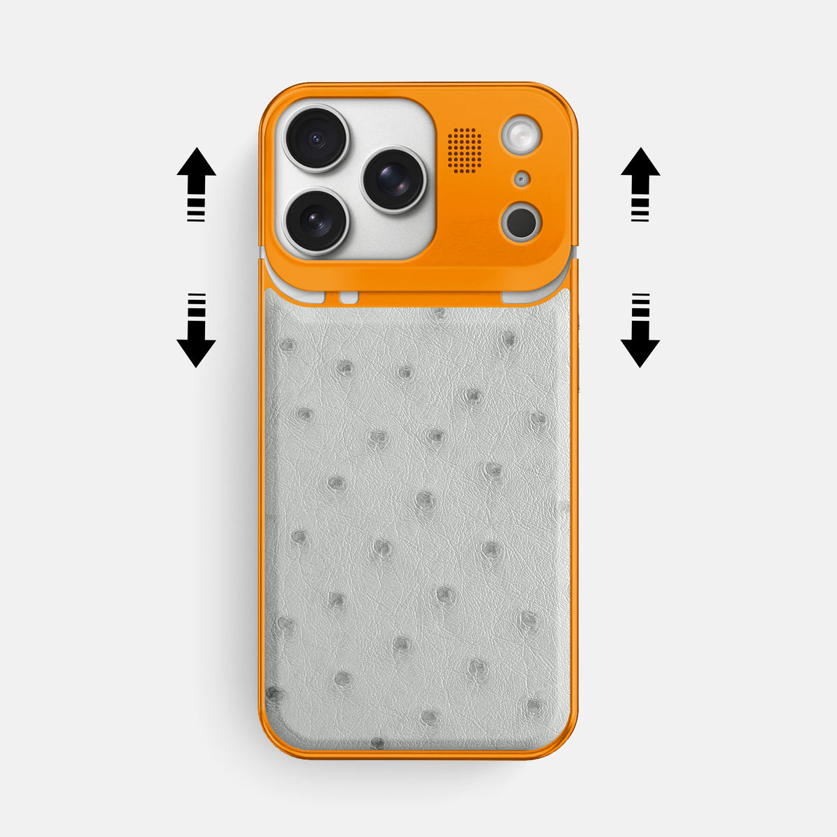 White iPhone 17 Pro Max Metal Case Ostrich with Orange Metal -2 | White-Orange