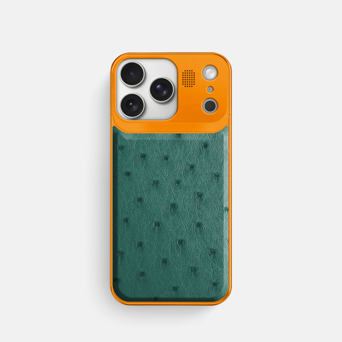 Forest-Green iPhone 17 Pro Metal Case Ostrich with Orange Metal -1 | Forest-Green-Orange
