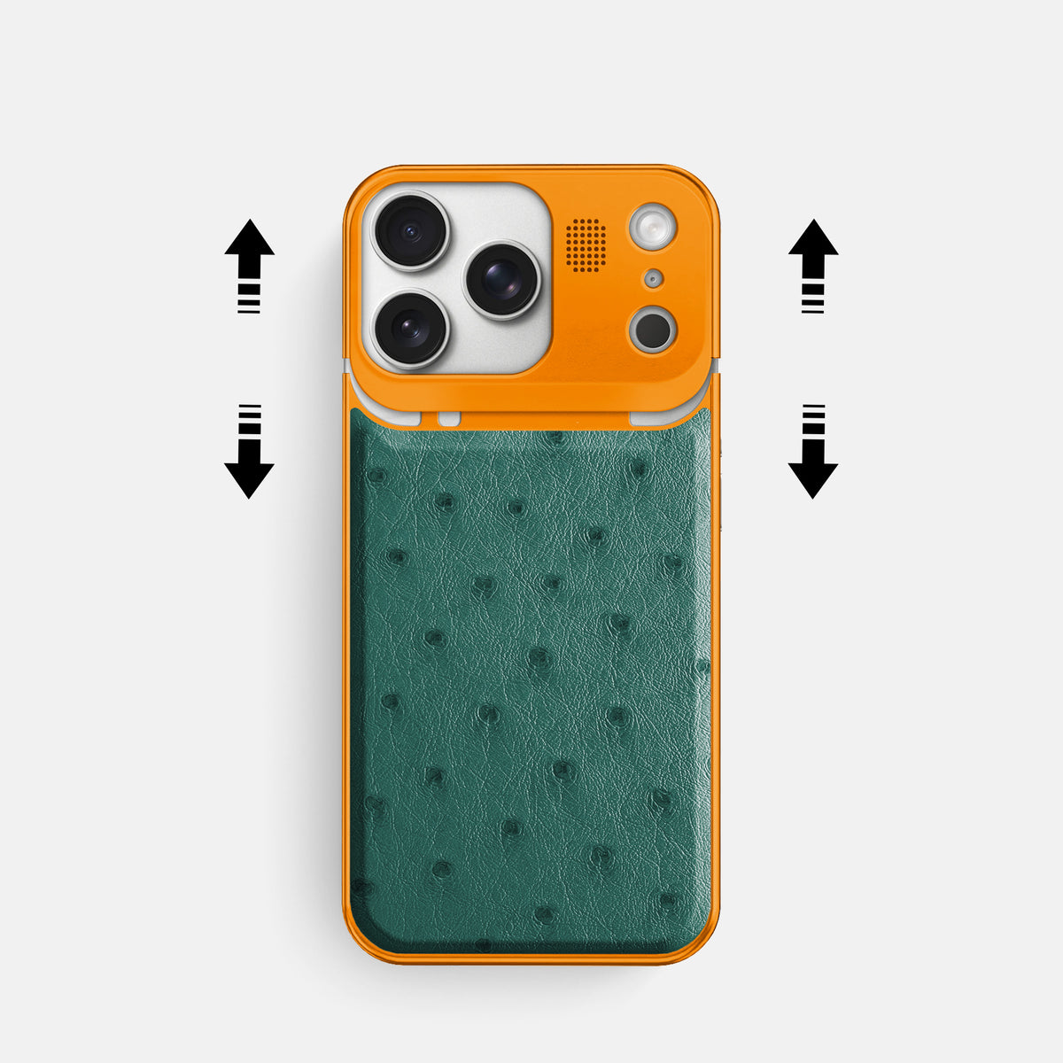 Forest-Green iPhone 17 Pro Metal Case Ostrich with Orange Metal -2 | Forest-Green-Orange