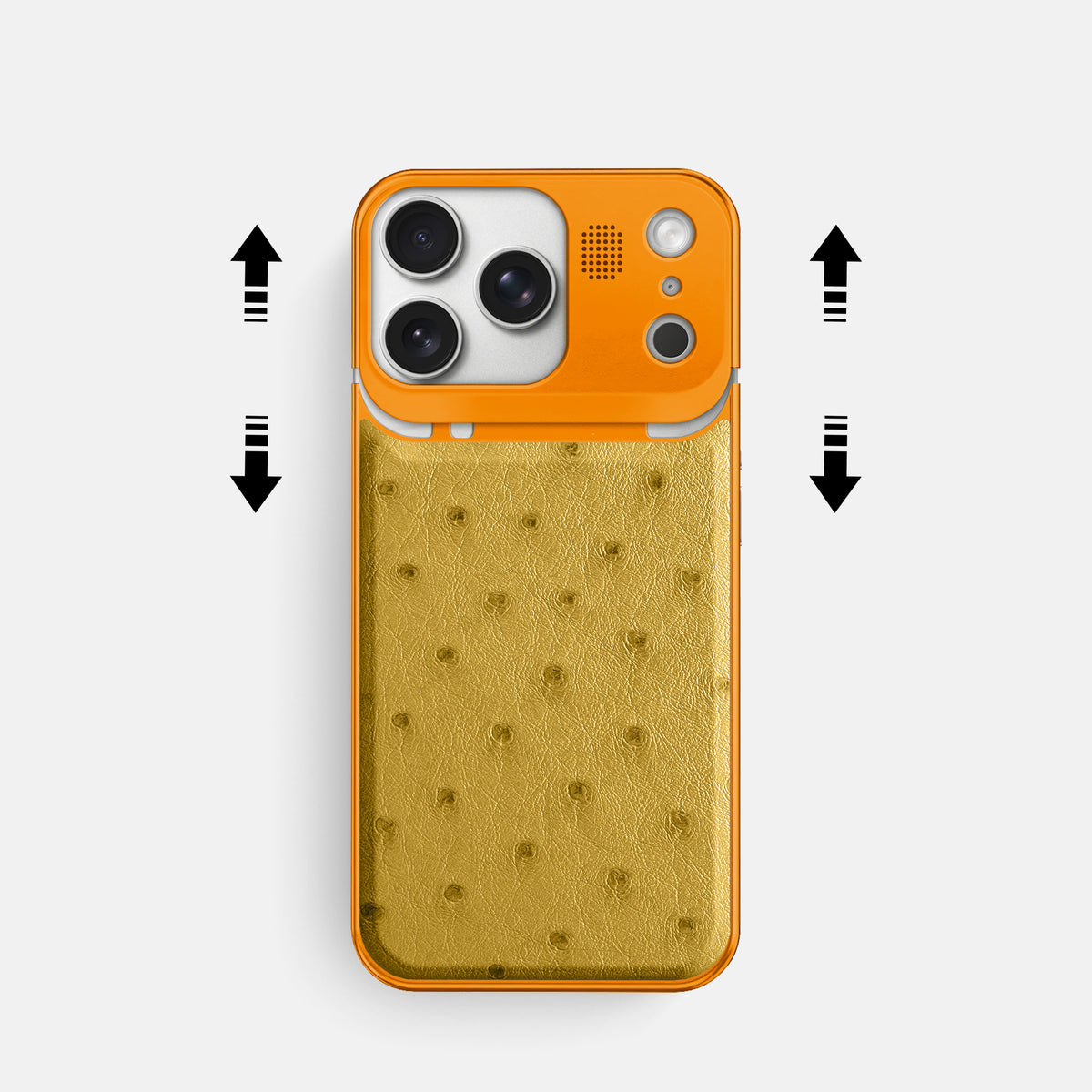 Gold iPhone 17 Pro Metal Case Ostrich with Orange Metal -2 | Gold-Orange