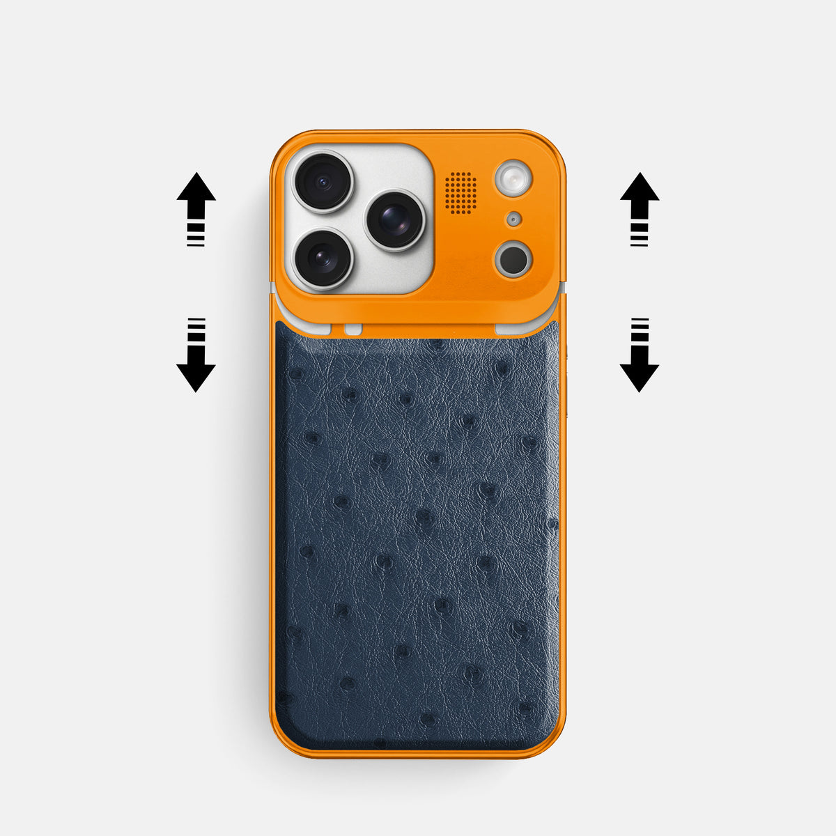 Navy-Blue iPhone 17 Pro Metal Case Ostrich with Orange Metal -2 | Navy-Blue-Orange