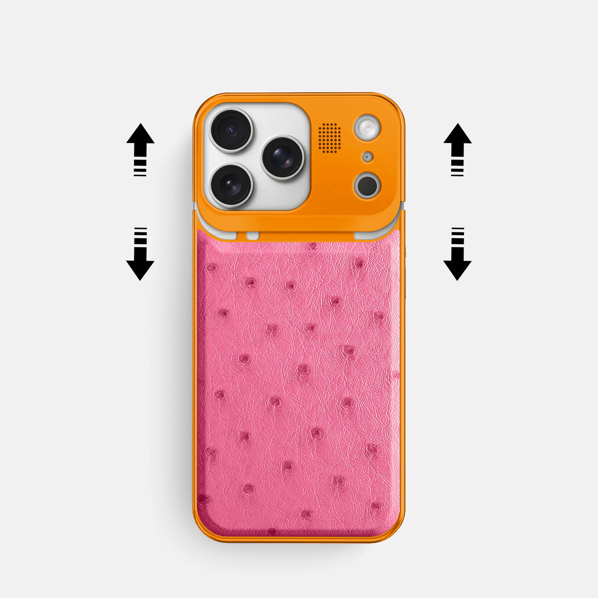Pink iPhone 17 Pro Metal Case Ostrich with Orange Metal -2 | Pink-Orange