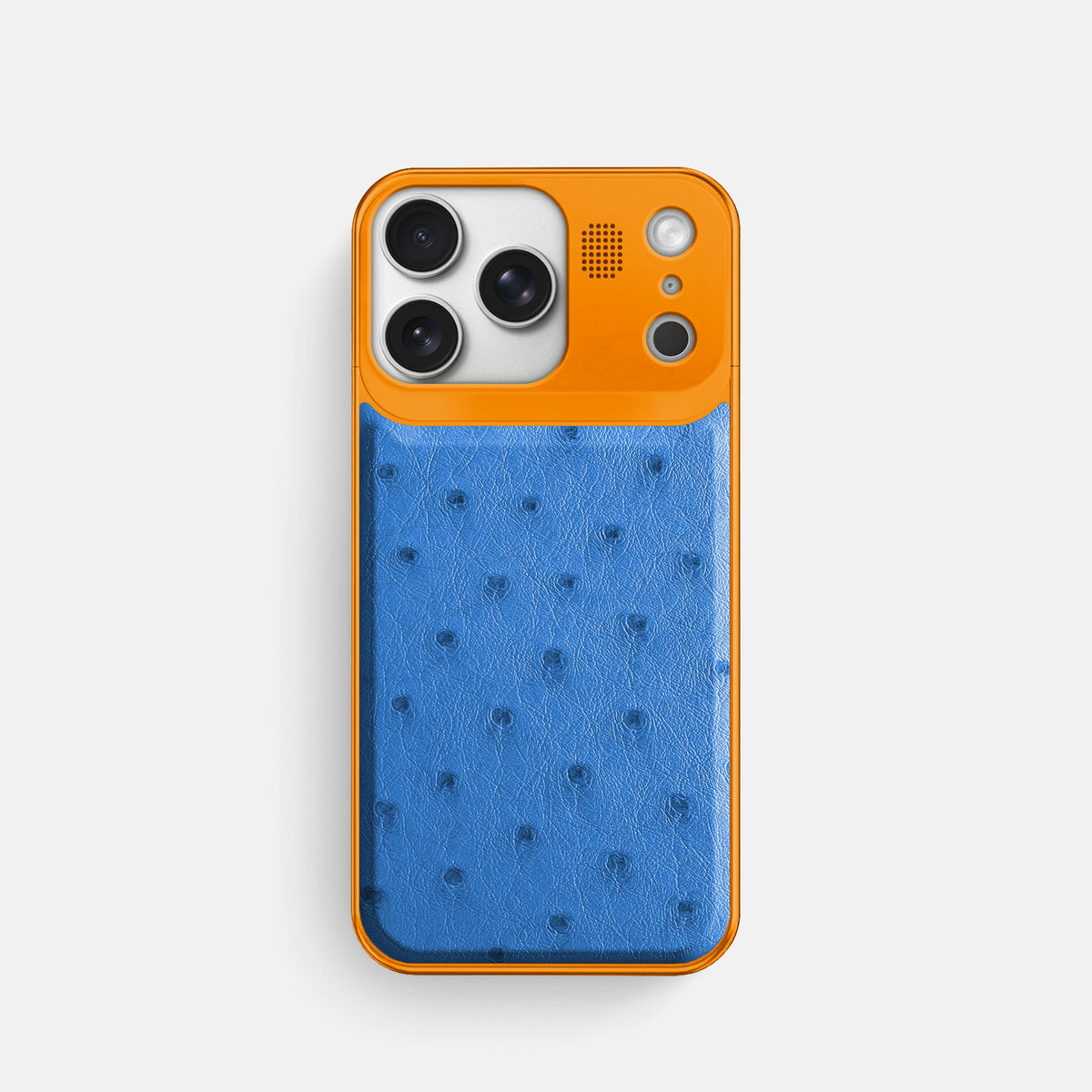 Royal-Blue iPhone 17 Pro Metal Case Ostrich with Orange Metal -1 | Royal-Blue-Orange