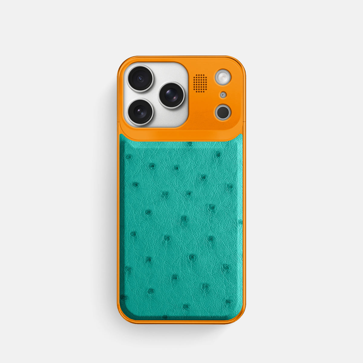 Turquoise iPhone 17 Pro Metal Case Ostrich with Orange Metal -1 | Turquoise-Orange