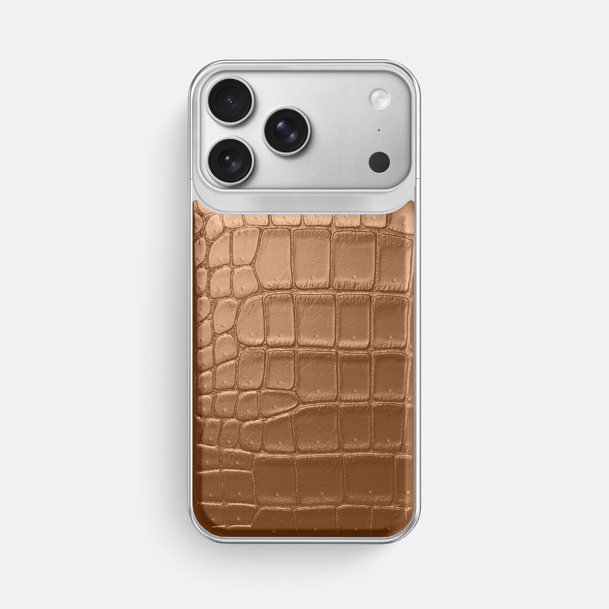 Metal Case For iPhone 18 Pro Max In Porosus Crocodile -1 | Milk-Chocolate-Steel