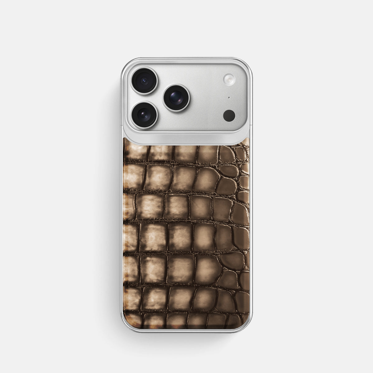 Metal Case For iPhone 18 Pro In Patina Alligator -1 | Etoupe-Steel