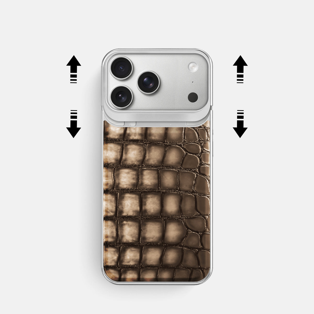 Metal Case For iPhone 18 Pro In Patina Alligator -2 | Etoupe-Steel