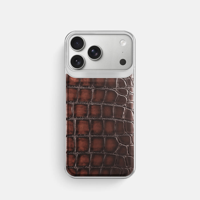 Metal Case For iPhone 18 Pro In Patina Alligator -1 | Havana-Brown-Steel
