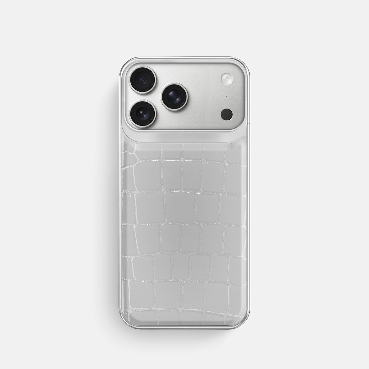 Metal Case For iPhone 18 Pro In Shiny Alligator -1 | White-Steel