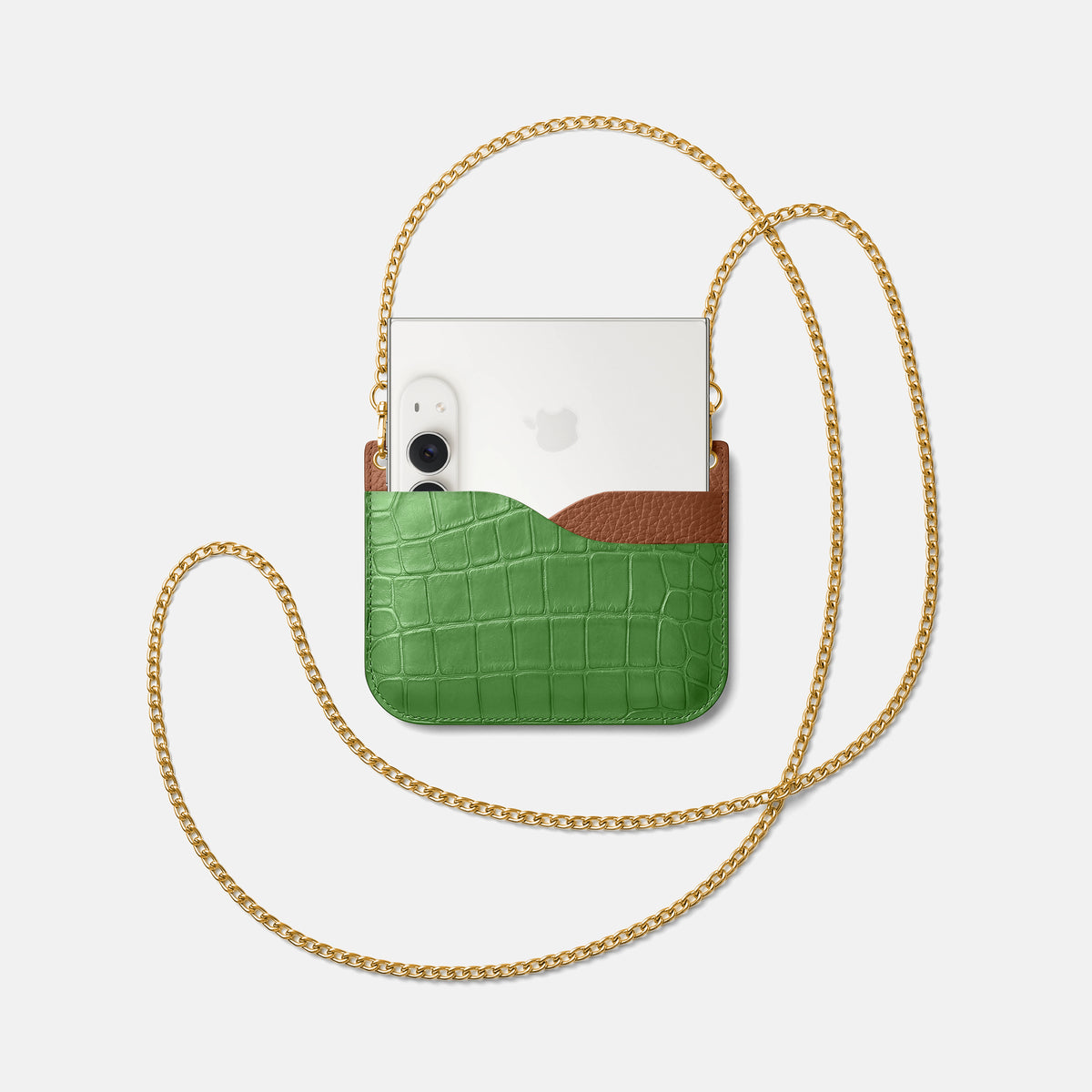 Wide Crossbody Case For iPhone Duo In Alligator -4 | Apple-Green-Gold