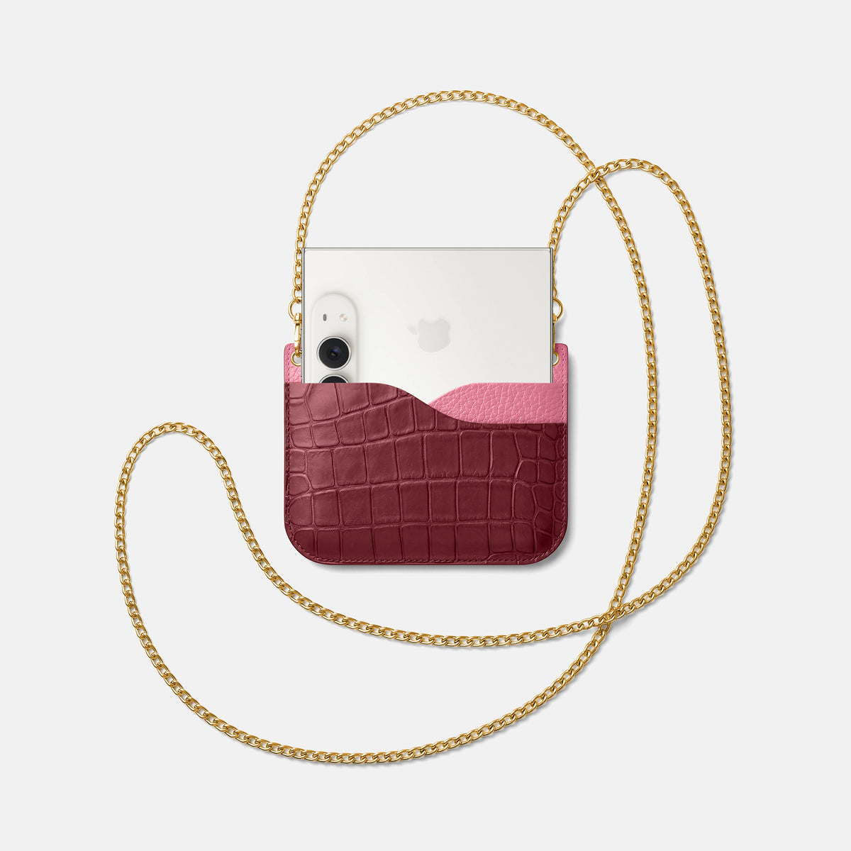 Wide Crossbody Case For iPhone Duo In Alligator -4 | Burgundy-Gold