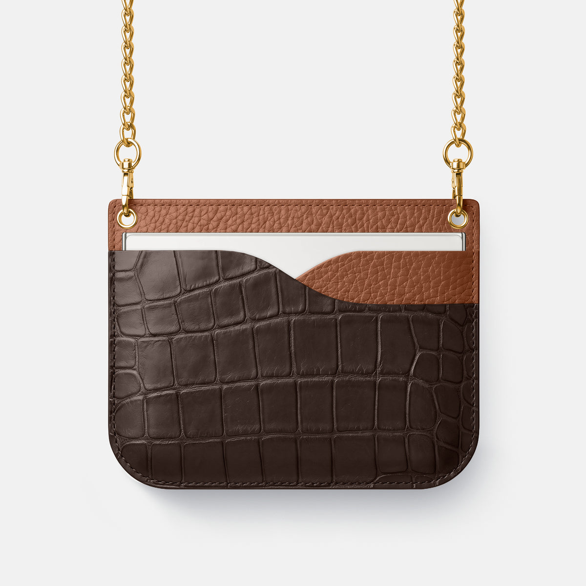 Wide Crossbody Case For iPhone Duo In Alligator -1 | Dark-Brown-Gold
