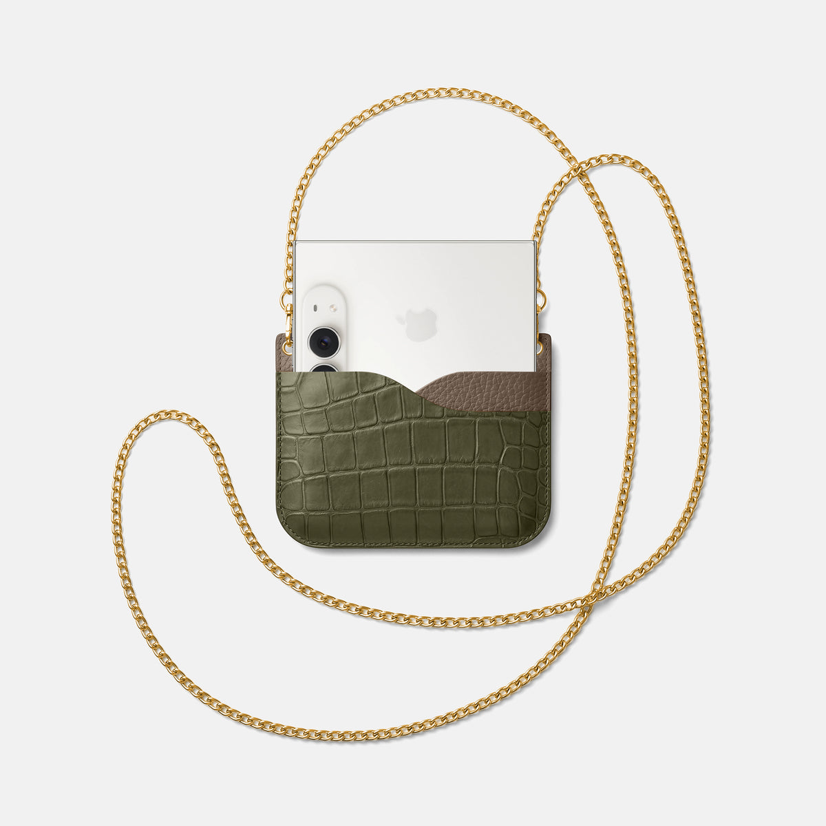 Wide Crossbody Case For iPhone Duo In Alligator -4 | Kaki-Green-Gold
