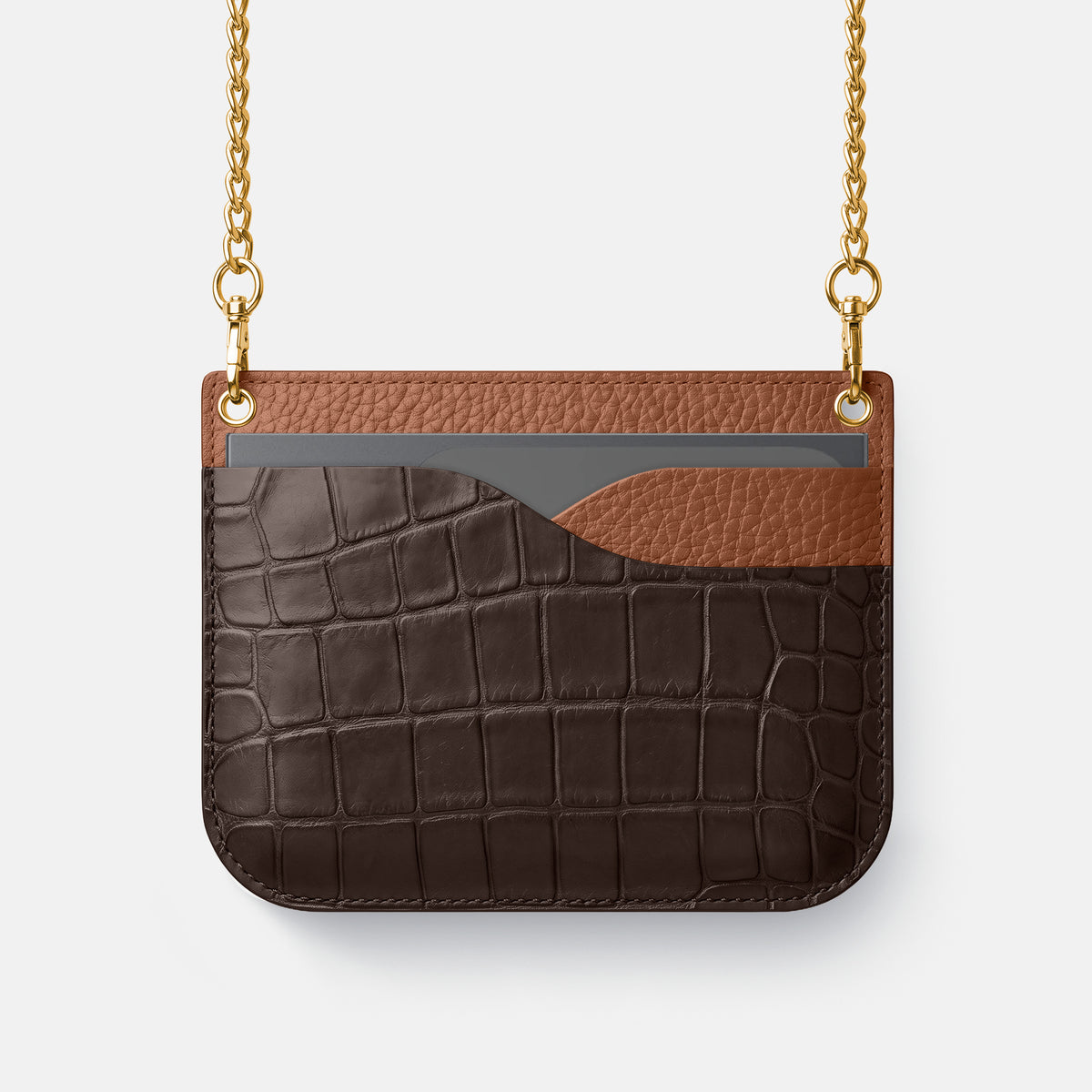 Wide Crossbody Case For iPhone Ultra In Alligator -1 | Dark-Brown-Gold