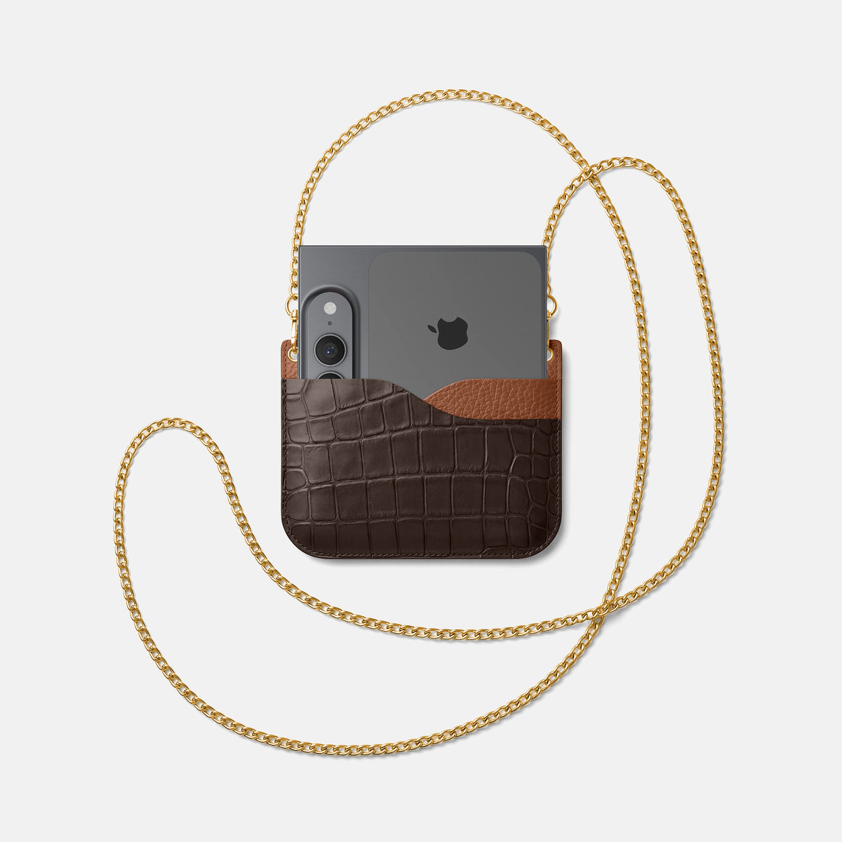 Wide Crossbody Case For iPhone Ultra In Alligator -4 | Dark-Brown-Gold