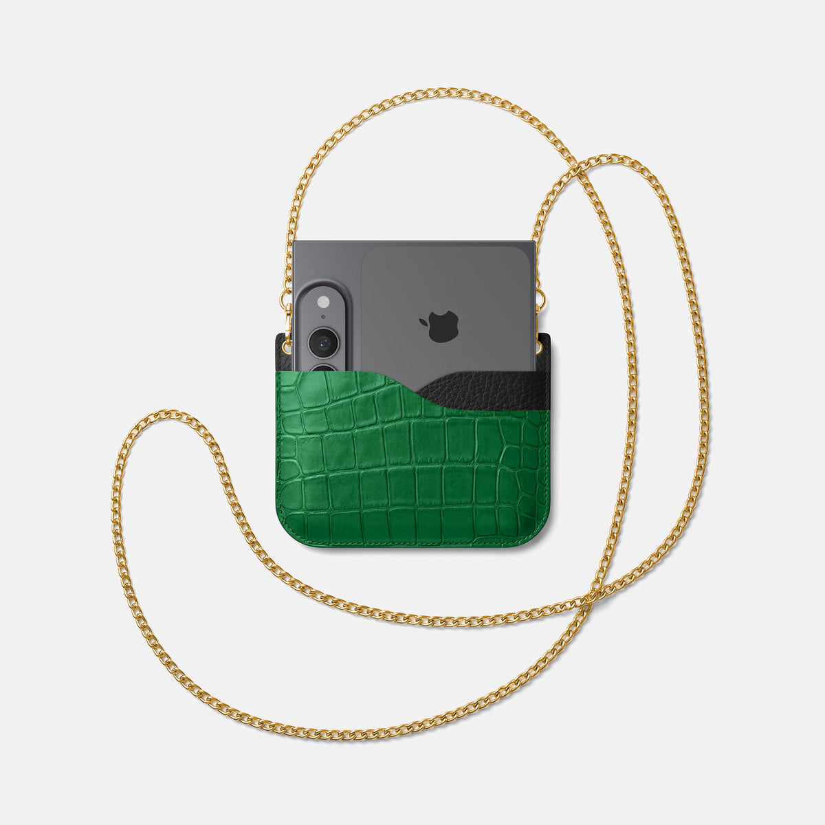 Wide Crossbody Case For iPhone Ultra In Alligator -4 | Forest-Green-Gold