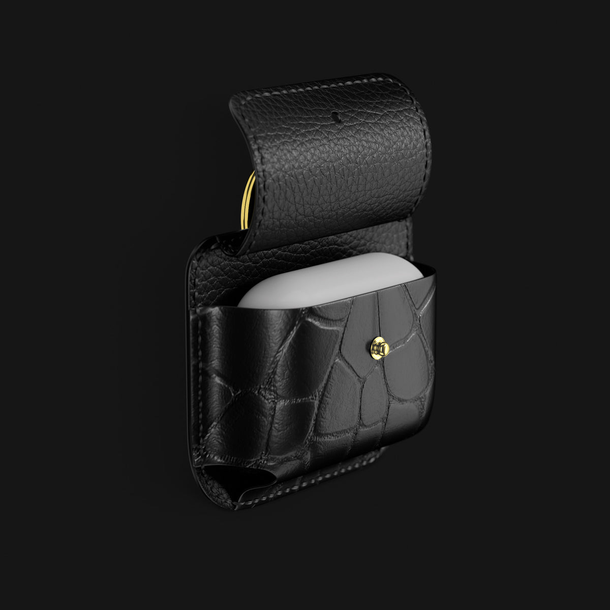 Pouch Edition-Black For AirPods In Alligator with Gold Metal -3 | Edition-Black-Gold